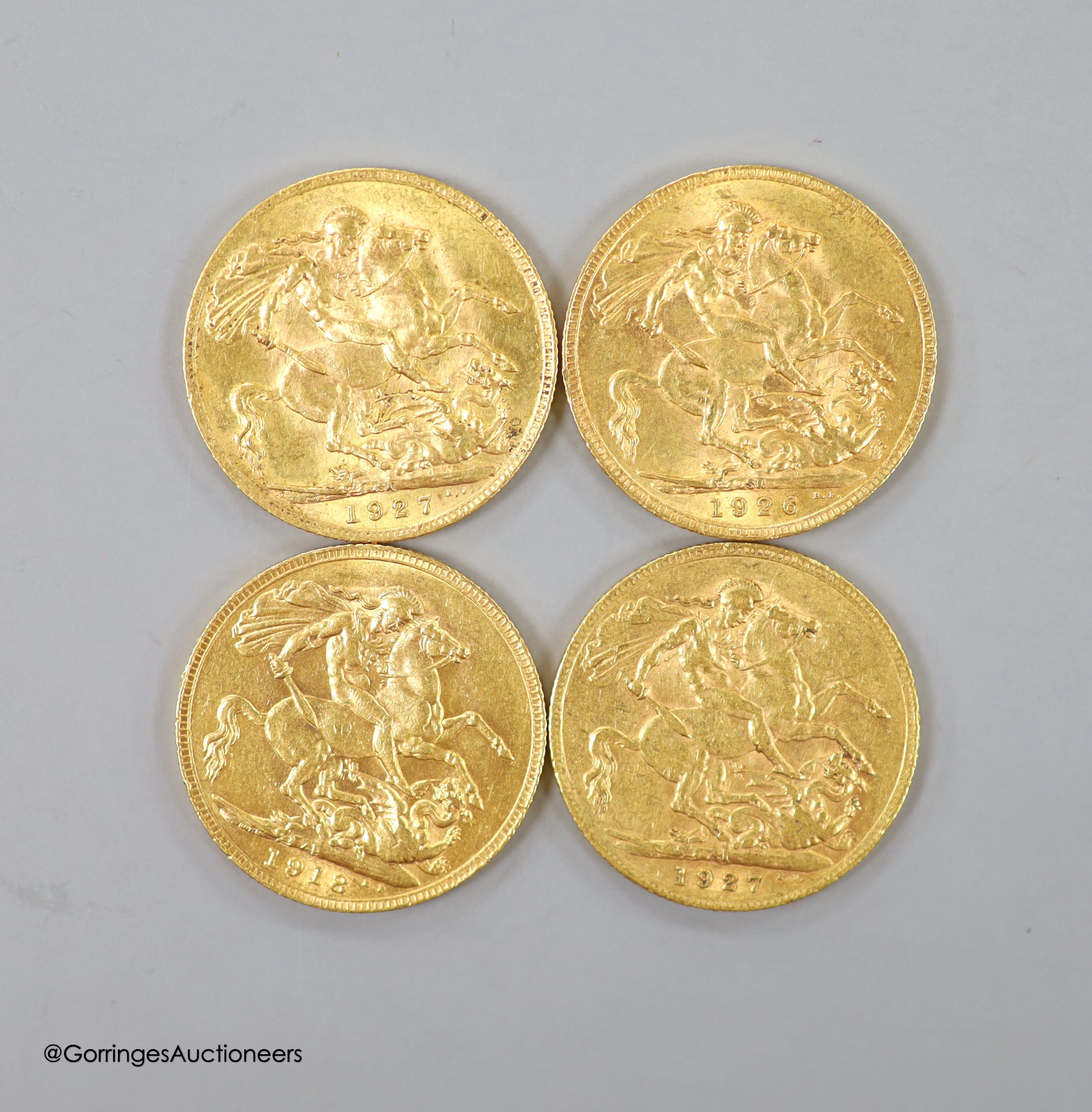 Four George V gold sovereigns, 1918P, 1926SA and two 1927SA